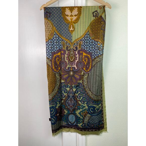 Shingora Women's Green Paisley Fringed Wool Silk Blend Rectangular Boho Scarf - Picture 5 of 6